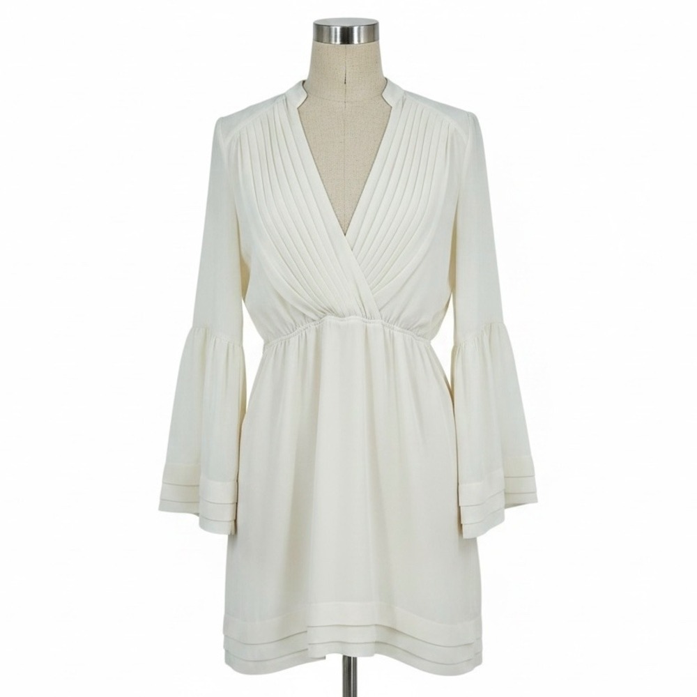 Love Riche Pleated V-Neck Bell Sleeve Mini Dress Cream Large